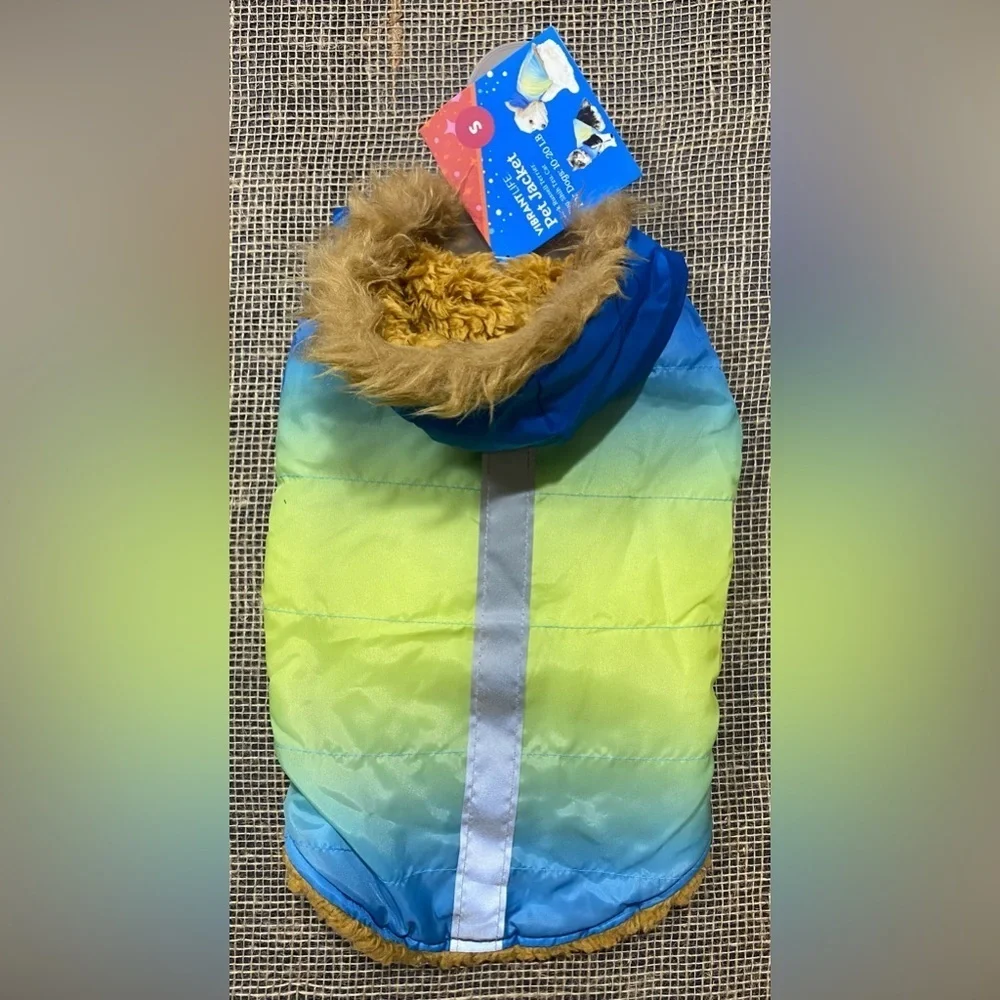 Pet Hooded Jacket Size Small Vibrant Life NEW Blue Yellow Ombré Sherpa Lining